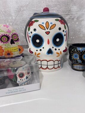 Day of the Dead Ceramic Sugar Skull Canister - White Multi